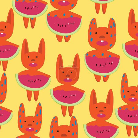 Ilustración de Conejos naranjas con rebanada de watermellorn sin costuras; personajes de garabatos animados para imprimir en textil, bandana, babero - Imagen libre de derechos
