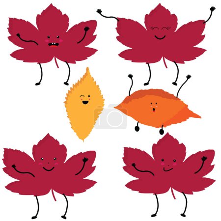 Set of six amusing kawaii leaves pink and yellow kawaii style leaves; cute leaf silhouette expressing emotions of happiness and joy 