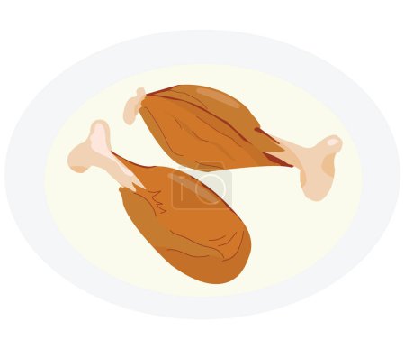 Isolierte gebratene Hühnerkeulen auf einem Teller; zwei künstlerisch gestaltete Hühnerkeulen auf einem Teller; Fastfood-Ikone als Logo; Aufnäher; Geschenk; Abzeichen; Schild; Etikett; Poster; Aufnäher