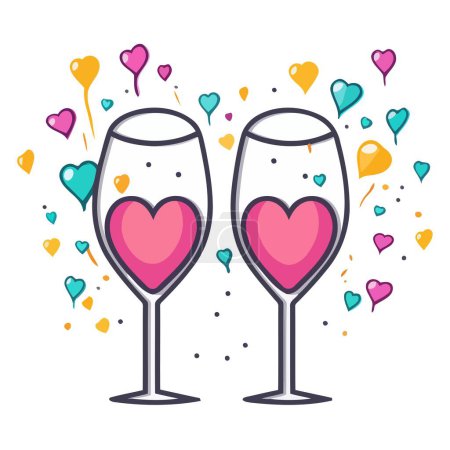 Téléchargez les illustrations : Une icône représentant deux verres à champagne de dessin animé avec un cœur en format vectoriel, adapté pour représenter des toasts - en licence libre de droit