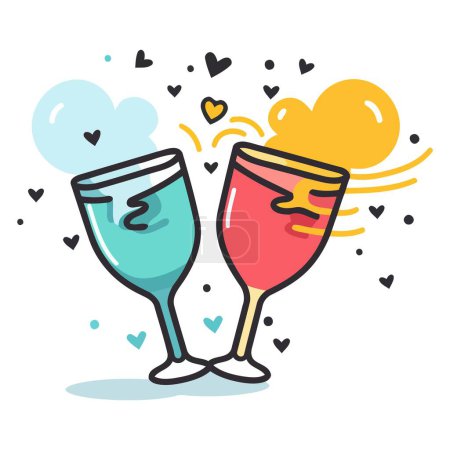 Téléchargez les illustrations : Une icône représentant deux verres à champagne de dessin animé avec un cœur en format vectoriel, adapté pour représenter des toasts - en licence libre de droit