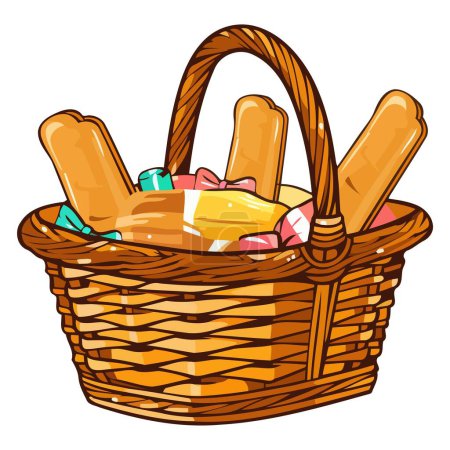 An icon representing a cartoon wicker basket filled with bread in vector format, suitable for illustrating baked goods