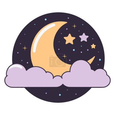 Téléchargez les illustrations : Simple icône de ligne vecteur d'une demi-lune et des nuages dans un ciel nocturne, symbolisant calme et tranquillité. - en licence libre de droit