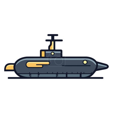 Eine vektorbasierte Ikone eines Militär-U-Boots, die ein stilisiertes Design mit einem schlanken Rumpf und einem schlanken Turm zeigt.