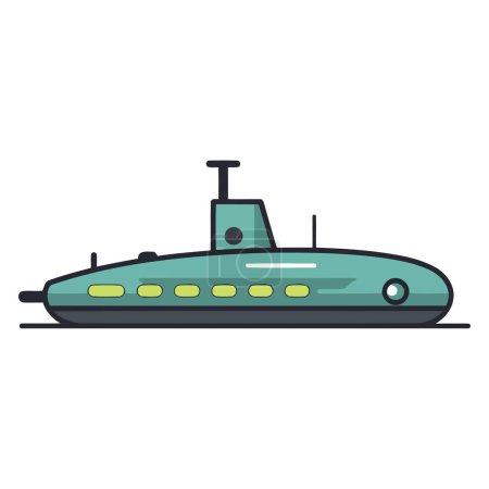 Eine vektorbasierte Ikone eines Militär-U-Boots, die ein stilisiertes Design mit einem schlanken Rumpf und einem schlanken Turm zeigt.