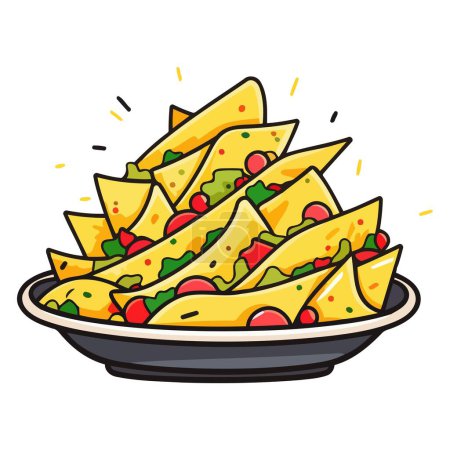 A vector based icon of nachos, featuring a stack of tortilla chips with melted cheese and garnishes