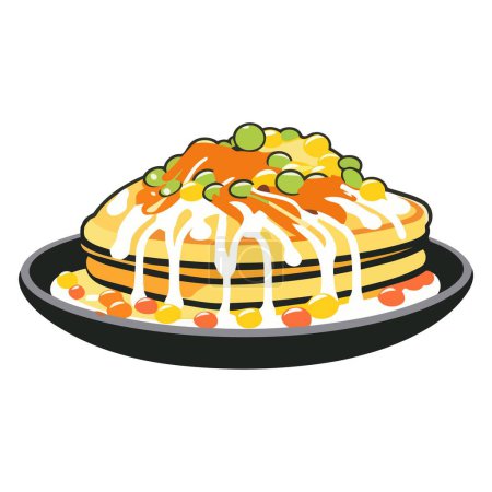 A vector based icon of okonomiyaki, featuring a round outline with toppings like bonito flakes and mayonnaise