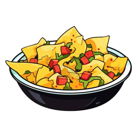 Un icono basado en vectores de nachos, con una pila de chips de tortilla con queso derretido y guarniciones