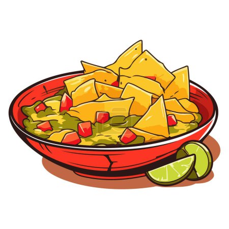 Un icono basado en vectores de nachos, con una pila de chips de tortilla con queso derretido y guarniciones
