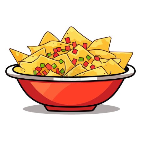 Eine vektorbasierte Ikone der Nachos mit einem Stapel Tortilla-Chips mit geschmolzenem Käse und Garnierungen