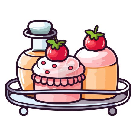 Illustration eines niedlichen Dessertwagen-Symbols, das eine Vielzahl köstlicher Süßigkeiten zeigt.