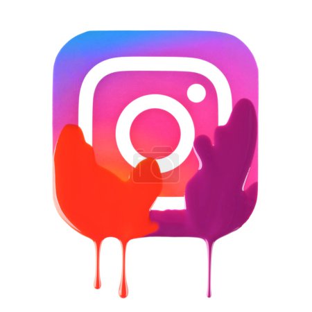 Photo for Instagram icon with color nail polish dripping from it, isolated on white background. Instagram is an American photo and video sharing social networking service owned by Meta Platforms - Royalty Free Image