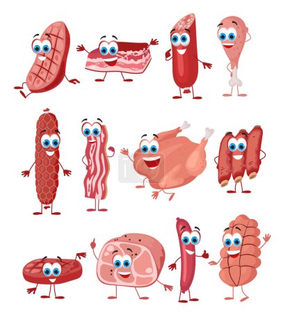 Ilustración de Conjunto de productos de carne divertida sobre fondo blanco, colección de personajes divertidos, ilustración de vectores planos - Imagen libre de derechos