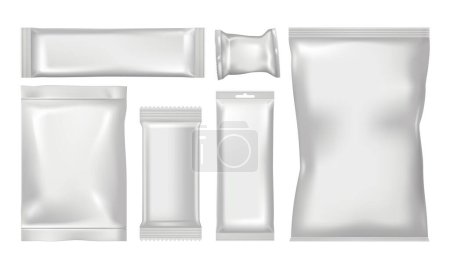 Ilustración de Conjunto de paquetes de productos en blanco sobre fondo blanco, ilustración vectorial realista de primer plano - Imagen libre de derechos