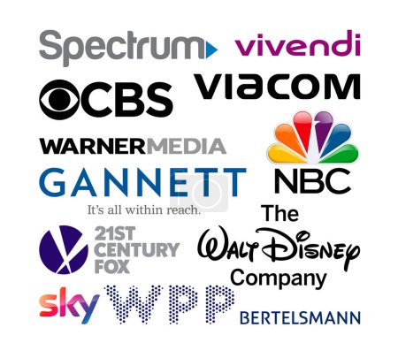 Kiyv, Ukraine - November 09, 2021: Logos collection of the biggest world broadcasting companies, such as: 21st Century Fox, Viacom, Gannett, NBC, WPP, Sky, and others, vector illustration