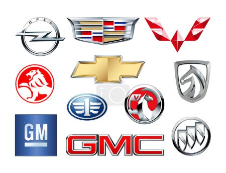 Kiyv, Ukraine - November 26, 2021: Brands of General Motors Company, such as: GMS, Chevrolet, Opel, Vauxhall, Faw, Buick, Cadillac, Holden, Autobaojun, Wuling and Faw Jiefang, vector illustration