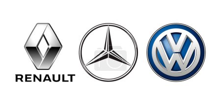 Kiev, Ucrania - 29 de septiembre de 2022: Colección de los mayores logotipos de fabricantes de automóviles europeos, sobre fondo blanco: Renault, Mercedes Benz y Volkswagen, ilustración vectorial