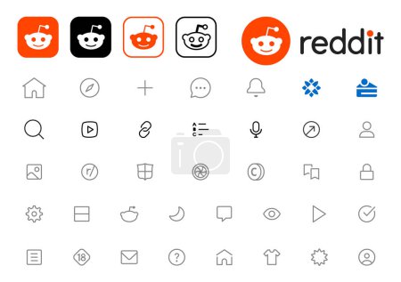 Kyiv, Ukraine - February 29, 2023: Reddit Set of Mobile App interface icons and logos. Social Media interface templates collection. Illustrative editorial