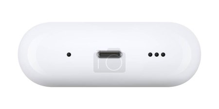 Kyiv, Ukraine - March 28, 2023: MagSafe Charging Case for AirPods Pro 2nd Generation, on white background. The case s built in speaker plays sound to help you easily locate it. All-new tones