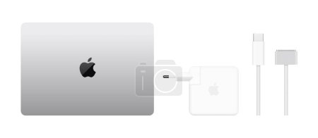 Équipement pour Apple MacBook Pro 14 avec puce M2, illustration vectorielle réaliste. Le MacBook Pro est une gamme d'ordinateurs portables Mac fabriqués par Apple Inc