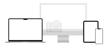 Set of Apple gadgets and devices: MacBook 14 Pro, iMac, iPad mini and iPhone 14, on white background, realistic vector illustration