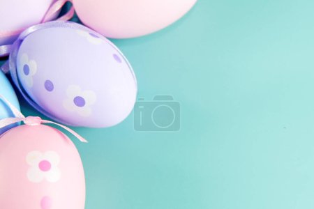 Photo for Flat lay of  easter eggs on blue background. easter concept. copy space - Royalty Free Image