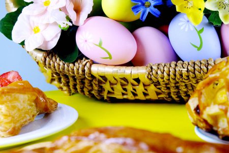 Photo for Easter eggs in basket and cakes on white background. easter concept - Royalty Free Image