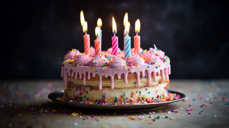 Foto de Tarta de cumpleaños con velas encendidas en la mesa de madera. feliz cumpleaños imágenes - Imagen libre de derechos
