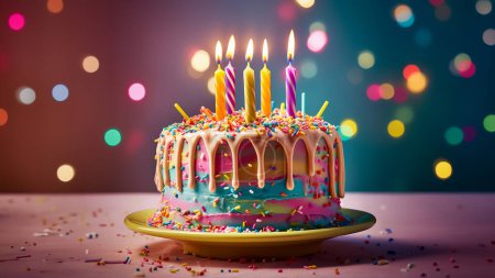 Geburtstagstorte mit brennenden Kerzen auf buntem Bokeh-Hintergrund. Bilder zum Geburtstag