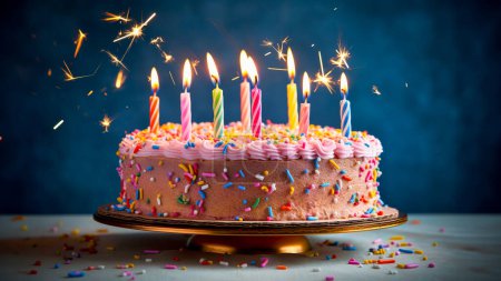 Foto de Tarta de cumpleaños con velas encendidas sobre fondo azul. feliz cumpleaños imágenes - Imagen libre de derechos