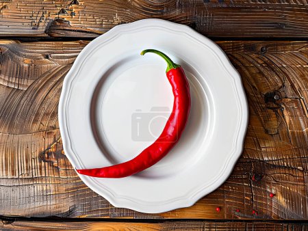 Red hot chili pepper on a white plate on a wooden background.