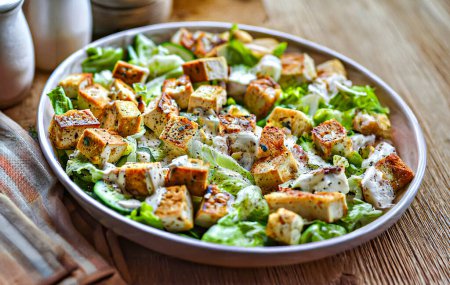 Vegan Caesar Salad with Crispy Tofu Croutons
