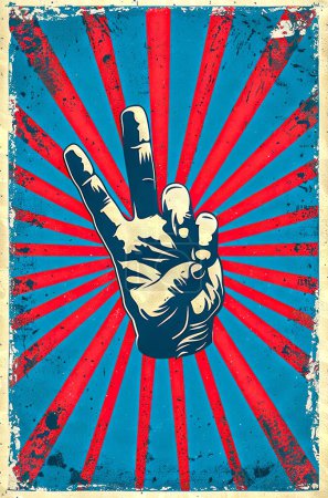 A vintage-style poster featuring a hand making a peace sign against a sunburst background.