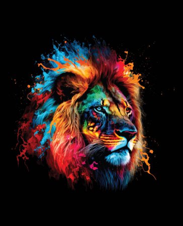 Cabeza de león con salpicaduras de pintura de colores sobre fondo negro. Ilustración vectorial.
