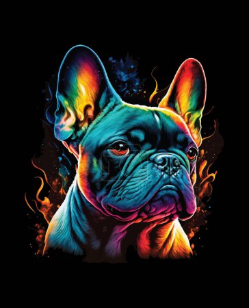 French bulldog portrait in fire flames on black background. Vector illustration.