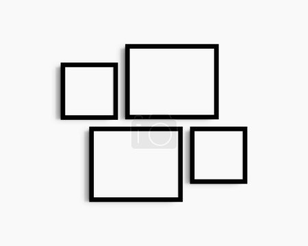 Photo for Gallery wall mockup set, 4 black frames. Clean, modern, and minimalist frame mockup. Two horizontal frames and two square frames, 14x11 (14:11), 8x8 (1:1) inches, on a white wall. - Royalty Free Image