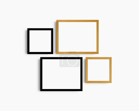 Photo for Gallery wall mockup set, 4 black and yellow oak frames. Clean, modern, and minimalist frame mockup. Two horizontal frames and two square frames, 14x11 (14:11), 8x8 (1:1) inches, on a white wall. - Royalty Free Image