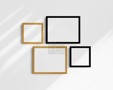Photo for Gallery wall mockup set, 4 black and yellow oak frames. Clean, modern, and minimalist frame mockup. Two horizontal frames and two square frames, 14x11 (14:11), 8x8 (1:1) inches, on a white wall with shadows. - Royalty Free Image