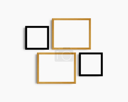 Photo for Gallery wall mockup set, 4 black and yellow oak frames. Clean, modern, and minimalist frame mockup. Two horizontal frames and two square frames, 14x11 (14:11), 8x8 (1:1) inches, on a white wall. - Royalty Free Image