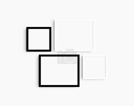 Photo for Gallery wall mockup set, 4 black and white frames. Clean, modern, and minimalist frame mockup. Two horizontal frames and two square frames, 14x11 (14:11), 8x8 (1:1) inches, on a white wall. - Royalty Free Image
