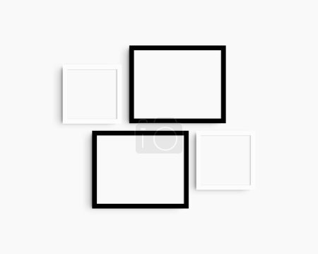 Téléchargez les photos : Ensemble de maquettes murales Galerie, 4 cadres noir et blanc. Modèle de cadre propre, moderne et minimaliste. Deux cadres horizontaux et deux cadres carrés, 14x11 (14 : 11), 8x8 (1 : 1) pouces, sur un mur blanc. - en image libre de droit