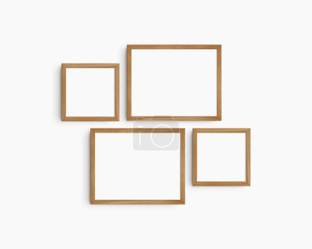 Photo for Gallery wall mockup set, 4 cherry wood frames. Clean, modern, and minimalist frame mockup. Two horizontal frames and two square frames, 14x11 (14:11), 8x8 (1:1) inches, on a white wall. - Royalty Free Image
