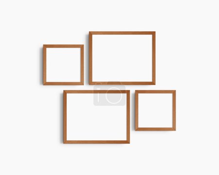 Photo for Gallery wall mockup set, 4 cherry wood frames. Clean, modern, and minimalist frame mockup. Two horizontal frames and two square frames, 14x11 (14:11), 8x8 (1:1) inches, on a white wall. - Royalty Free Image