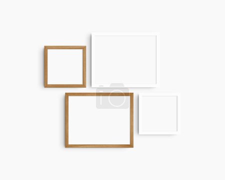 Photo for Gallery wall mockup set, 4 cherry wood and white frames. Clean, modern, and minimalist frame mockup. Two horizontal frames and two square frames, 14x11 (14:11), 8x8 (1:1) inches, on a white wall. - Royalty Free Image
