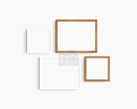 Photo for Gallery wall mockup set, 4 cherry wood and white frames. Clean, modern, and minimalist frame mockup. Two horizontal frames and two square frames, 14x11 (14:11), 8x8 (1:1) inches, on a white wall. - Royalty Free Image