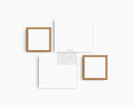 Foto de Conjunto de maquetas de pared Gallery, 4 marcos de madera de cerezo y blanco. Maqueta de marco limpia, moderna y minimalista. Dos marcos horizontales y dos cuadrados, 14x11 (14: 11), 8x8 (1: 1) pulgadas, en una pared blanca. - Imagen libre de derechos