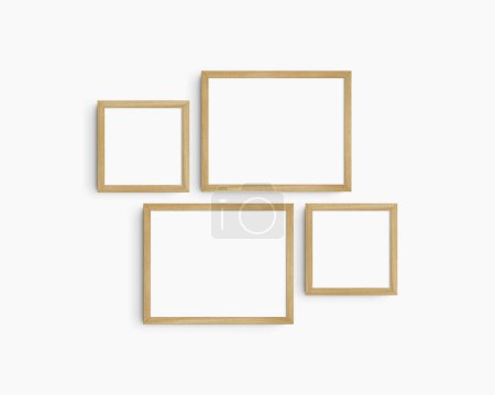 Photo for Gallery wall mockup set, 4 timber oak wood frames. Clean, modern, and minimalist frame mockup. Two horizontal frames and two square frames, 14x11 (14:11), 8x8 (1:1) inches, on a white wall. - Royalty Free Image