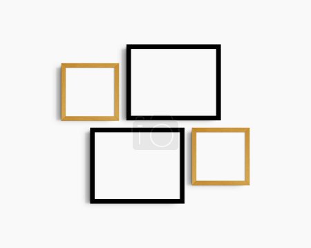 Foto de Conjunto de maquetas de pared Gallery, 4 marcos de roble negro y amarillo. Maqueta de marco limpia, moderna y minimalista. Dos marcos horizontales y dos cuadrados, 14x11 (14: 11), 8x8 (1: 1) pulgadas, en una pared blanca. - Imagen libre de derechos