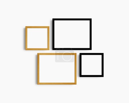 Téléchargez les photos : Ensemble de maquettes murales Galerie, 4 cadres en chêne noir et jaune. Modèle de cadre propre, moderne et minimaliste. Deux cadres horizontaux et deux cadres carrés, 14x11 (14 : 11), 8x8 (1 : 1) pouces, sur un mur blanc. - en image libre de droit