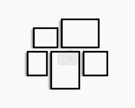 Photo for Gallery wall mockup set, 5 black frames. Clean, modern, and minimalist frame mockup. Two horizontal frames, two vertical frames, and a square frame, 12x16 (3:4), 16x12 (4:3), 8x10 (4:5), 10x8 (5:4), 10x10 (1:1) inches, on a white wall. - Royalty Free Image
